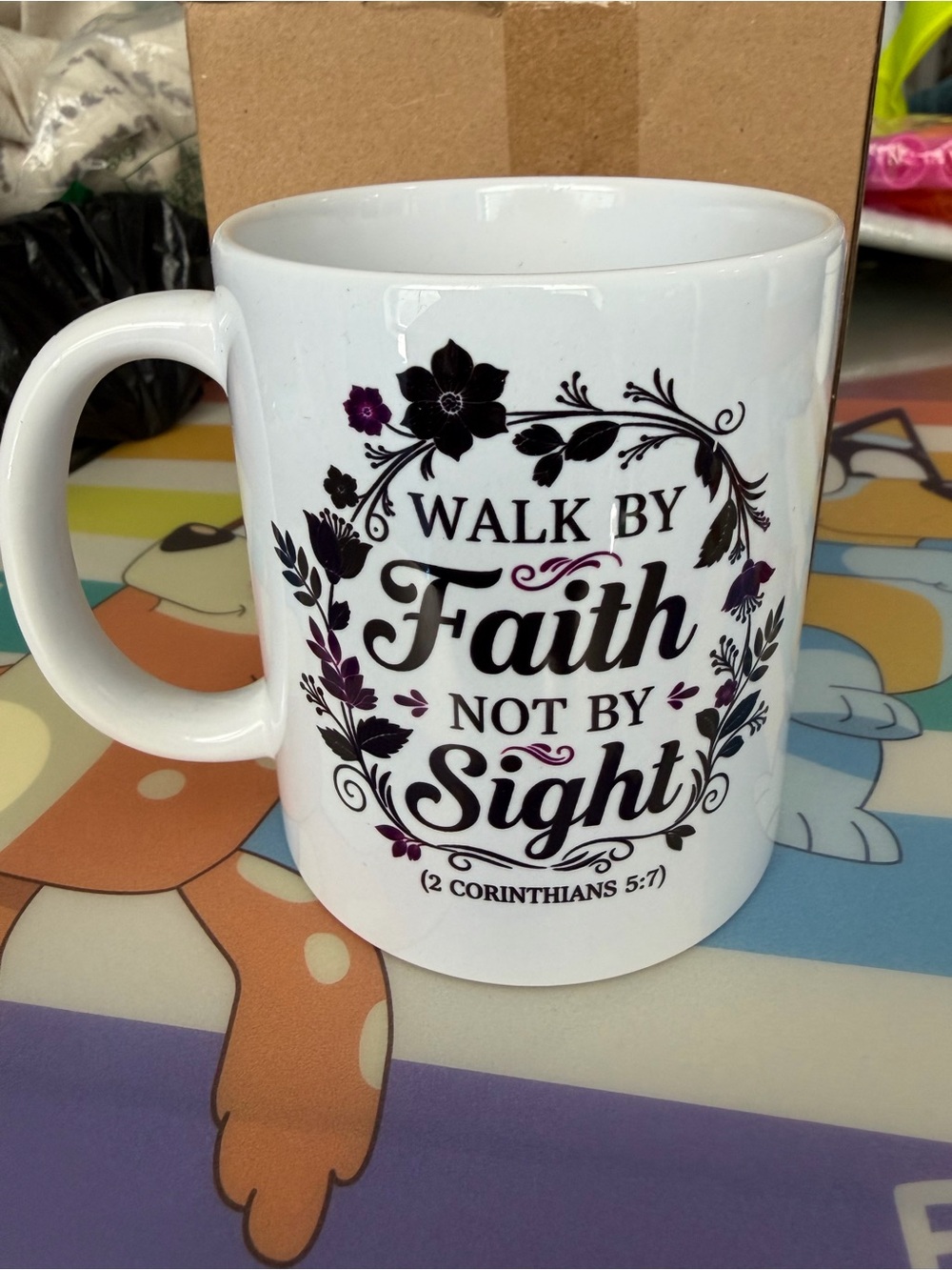 Faith-Themed Ceramic Coffee Mug - White with Purple Floral Design
